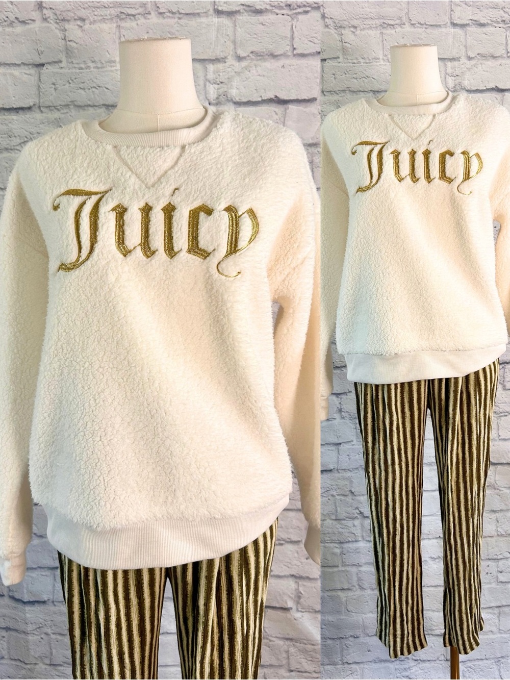 Juicy Couture Cream Sherpa Crewneck Sweatshirt Gold Embroidered Logo Fall Winter
